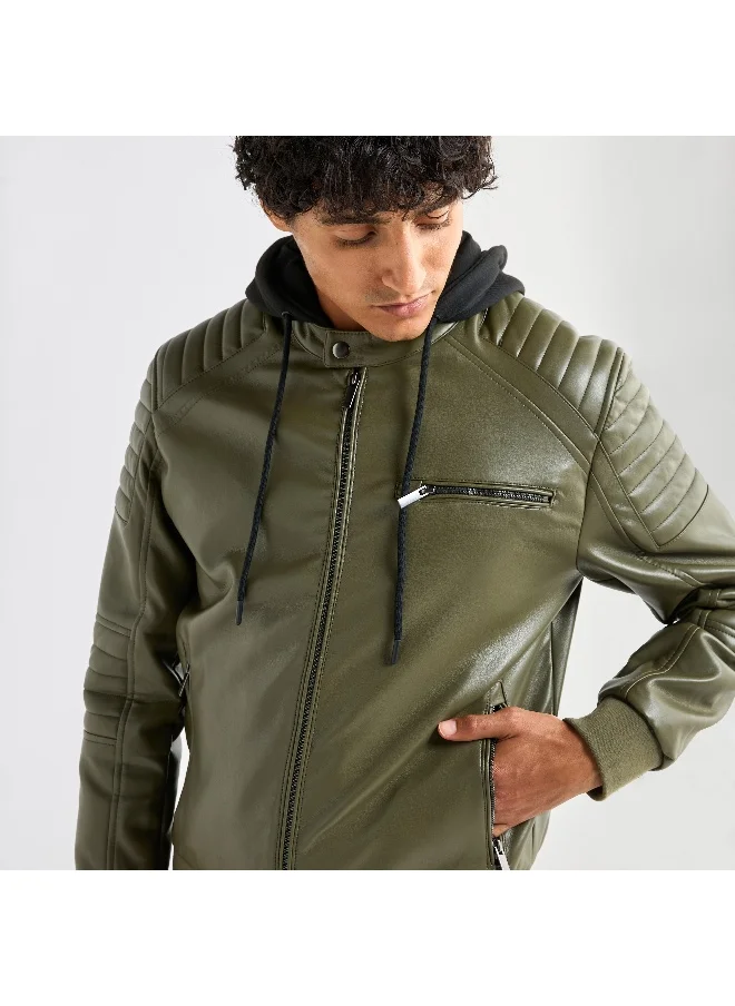 FAV Solid Bomber Jacket with Hood and Zip Closure