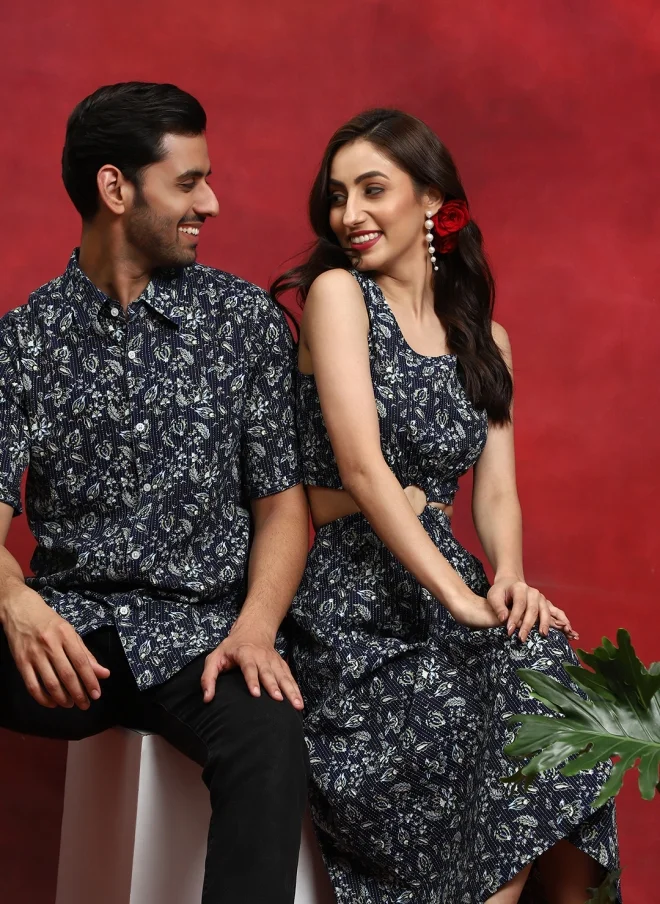 أيه كيه إس Navy Blue Floral Print Fit & Flare Midi Dress for Women
