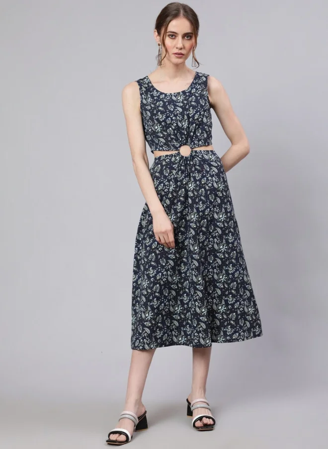 أيه كيه إس Navy Blue Floral Print Fit & Flare Midi Dress for Women
