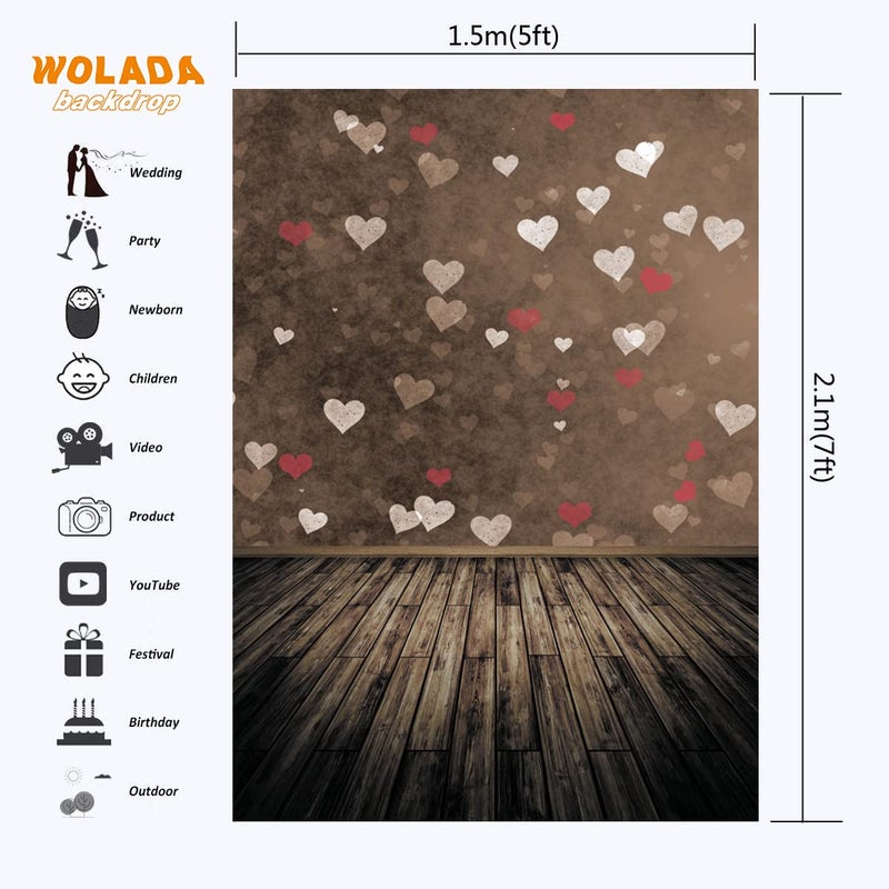 WOLADA Valentineâ€™s Day Photography Backdrop - Vintage Brown Heart & Wood Floor Photo Background for Photo Booth, Romantic Party, Couple Portraits & Studio Shoots 5x7FT 10876 - Image 2