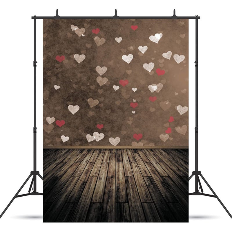 WOLADA Valentineâ€™s Day Photography Backdrop - Vintage Brown Heart & Wood Floor Photo Background for Photo Booth, Romantic Party, Couple Portraits & Studio Shoots 5x7FT 10876 - Image 1