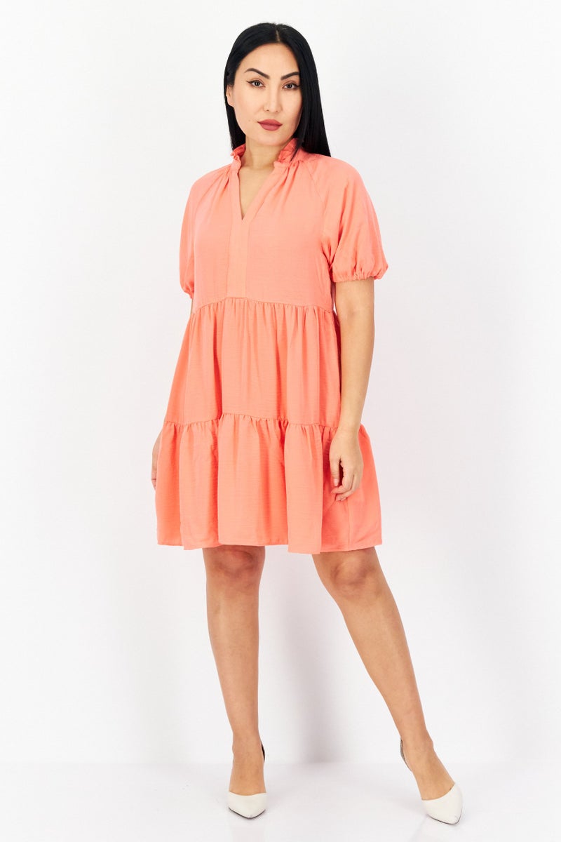 CeCe Women Plain Mini Casual Dress, Coral - Image 3