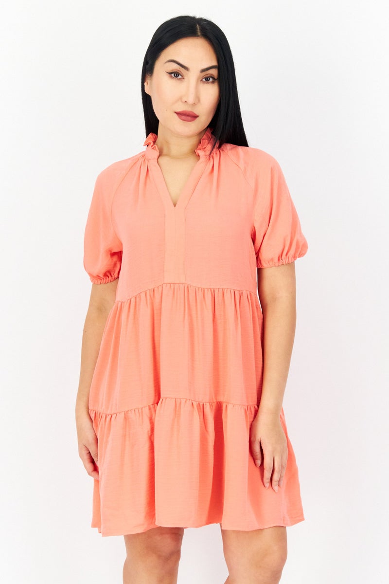 CeCe Women Plain Mini Casual Dress, Coral - Image 1
