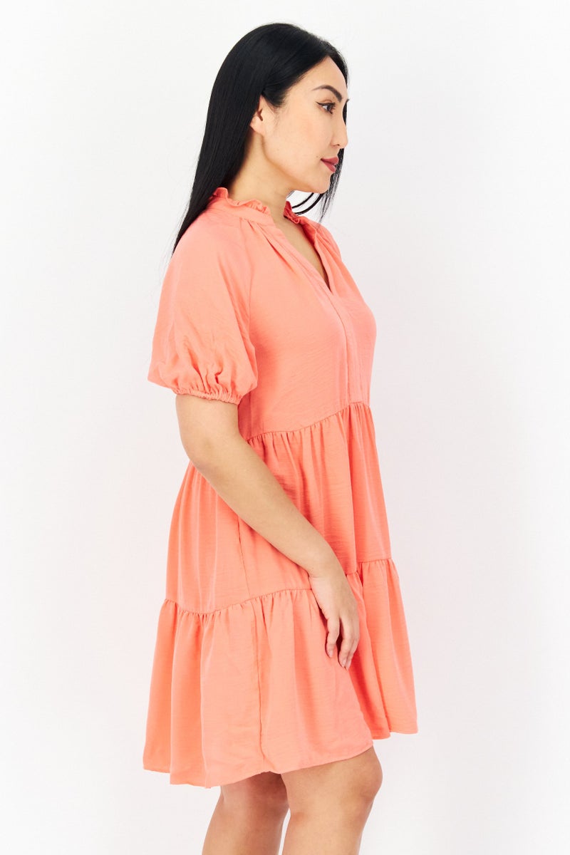 CeCe Women Plain Mini Casual Dress, Coral - Image 2