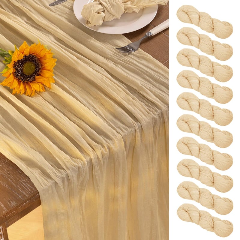 DeZerlor Champagne Gold Cheesecloth Table Runner 10 Pack Spring Easter Table Runners Boho Gauze 120 Inches Champagne Cheese Cloth Table Decor for Wedding Bridal Baby Shower Parties - Image 1