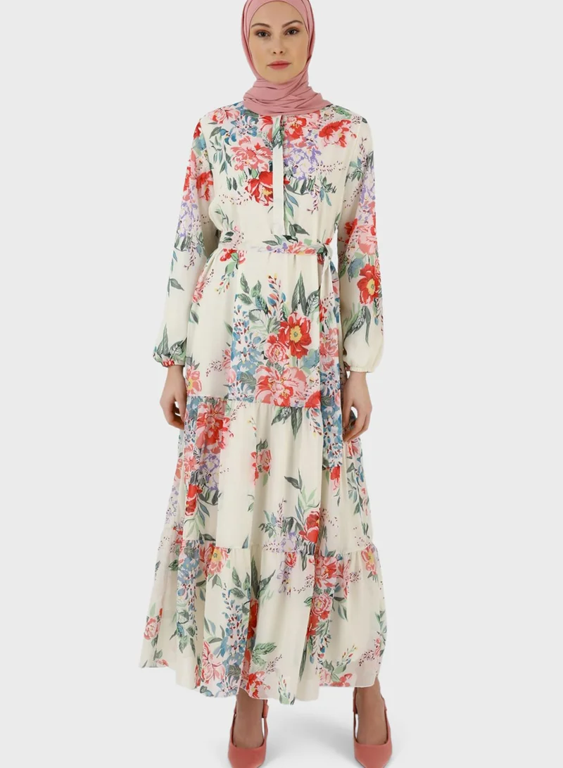 Refka by modanisa Belted Floral Print Tiered Dress
