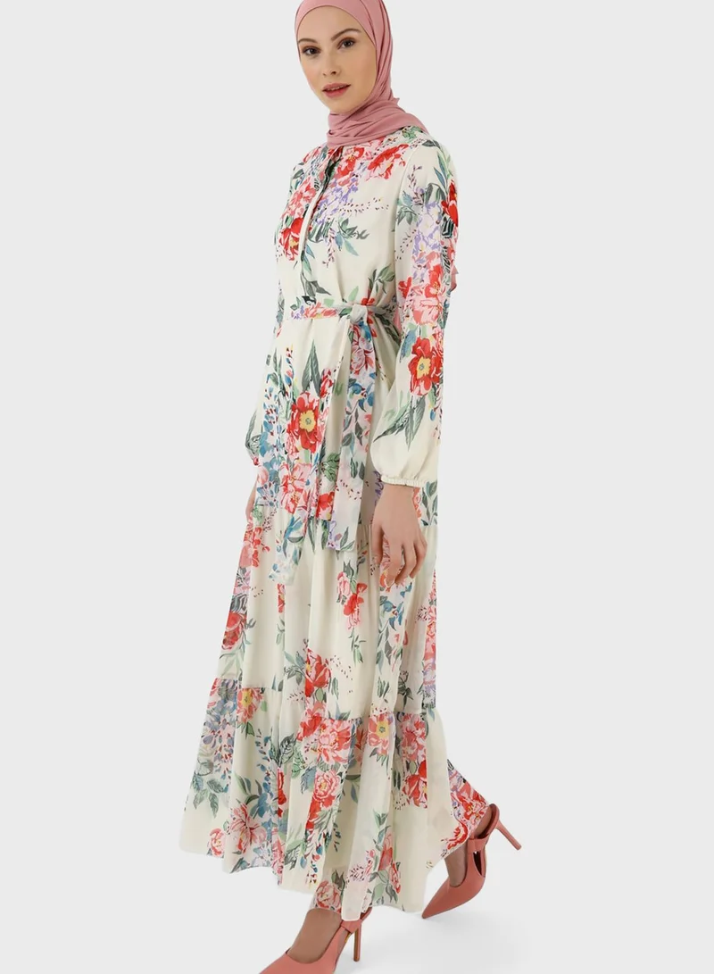 Refka by modanisa Belted Floral Print Tiered Dress
