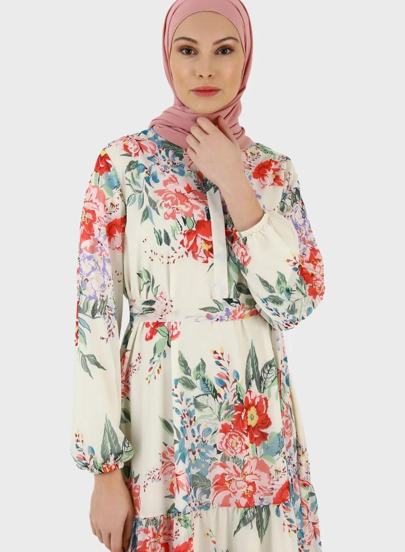 Refka by modanisa Belted Floral Print Tiered Dress