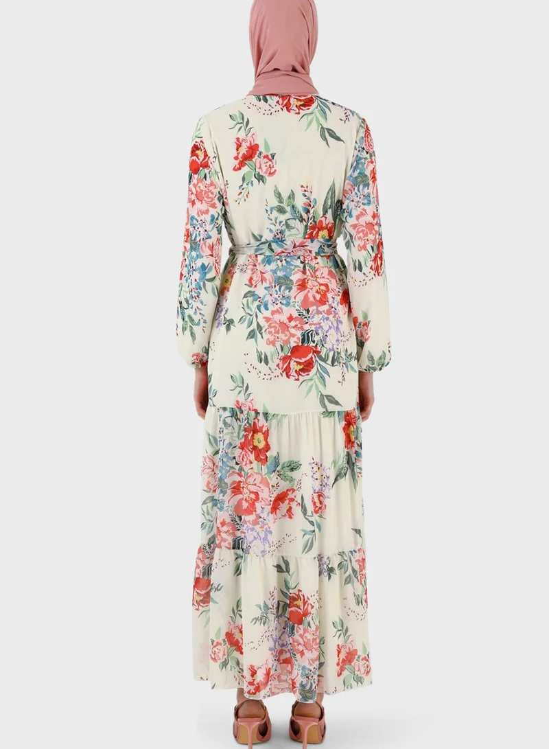 Refka by modanisa Belted Floral Print Tiered Dress