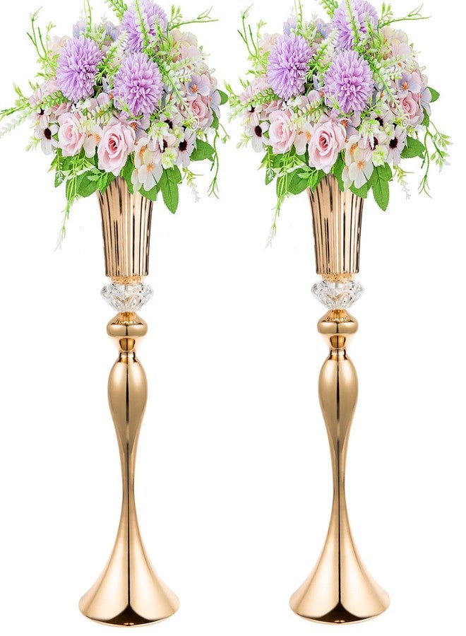 LANLONG 22in Gold Vases for Centerpieces, 2Pcs Metal Tall Trumpet Vases Wedding Reception Centerpieces, Crystal Flower Vase for Table Wedding Party Event Home Decor - Image 1