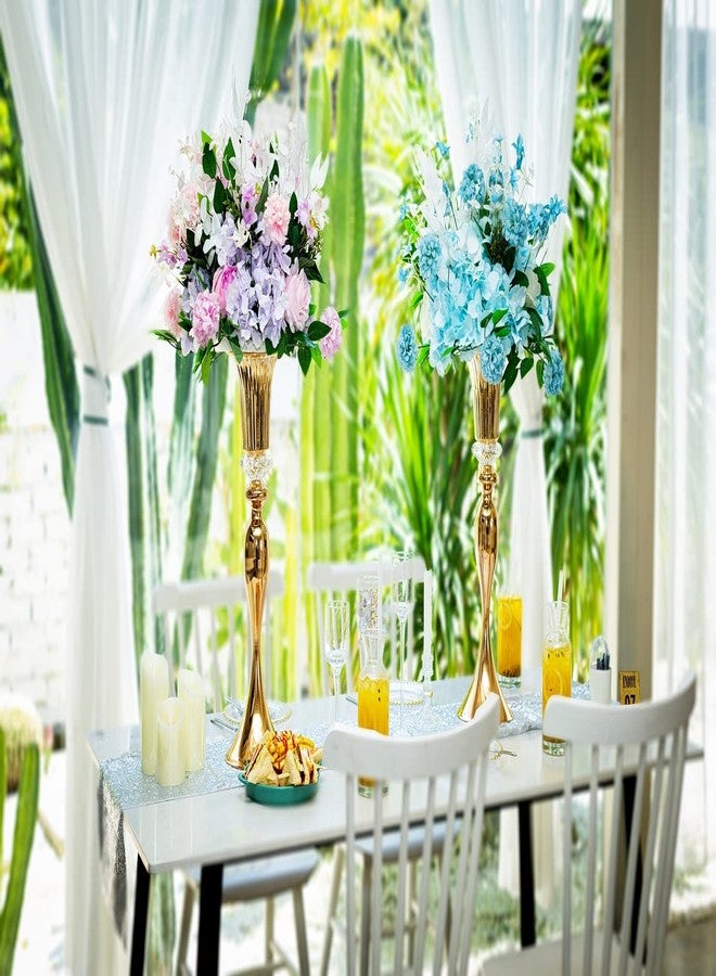 LANLONG 22in Gold Vases for Centerpieces, 2Pcs Metal Tall Trumpet Vases Wedding Reception Centerpieces, Crystal Flower Vase for Table Wedding Party Event Home Decor - Image 4