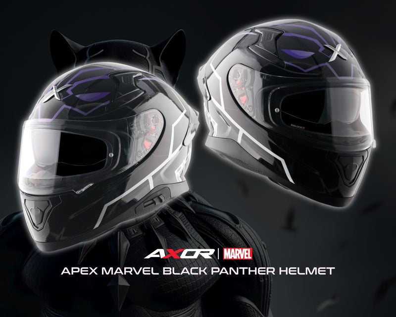 Axor Apex Marvel Black Panther ISI ECE and DOT Certified Full Face Helmet for Men and Women with Dual Visors-Black Purple-M - Image 3
