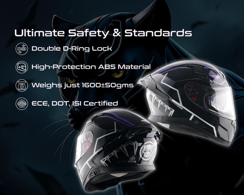 Axor Apex Marvel Black Panther ISI ECE and DOT Certified Full Face Helmet for Men and Women with Dual Visors-Black Purple-M - Image 4