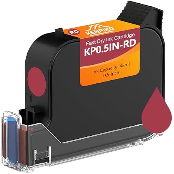 42ML FAST DRY INK CARTRIDGE KP0.5IN-RD FOR HANDHELD INKJET PRINTER KP-N01, KP007,KP-MINI, 0.5INCH/12.7MM SOLVENT QUICK-DRYING INK CARTRIDGE REPLACEMENT - RED - Image 1
