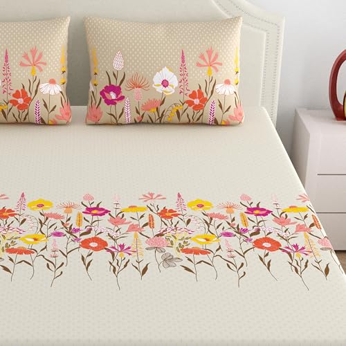 Home Ecstasy 100% Cotton Double Bedsheet with 2 Pillow Covers - (Size 87 x 92 inches, 140 TC, Colour - Beige: Frost Petal) - Image 3