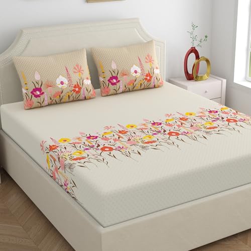 Home Ecstasy 100% Cotton Double Bedsheet with 2 Pillow Covers - (Size 87 x 92 inches, 140 TC, Colour - Beige: Frost Petal) - Image 1