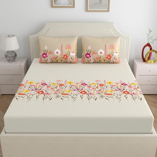 Home Ecstasy 100% Cotton Double Bedsheet with 2 Pillow Covers - (Size 87 x 92 inches, 140 TC, Colour - Beige: Frost Petal) - Image 2