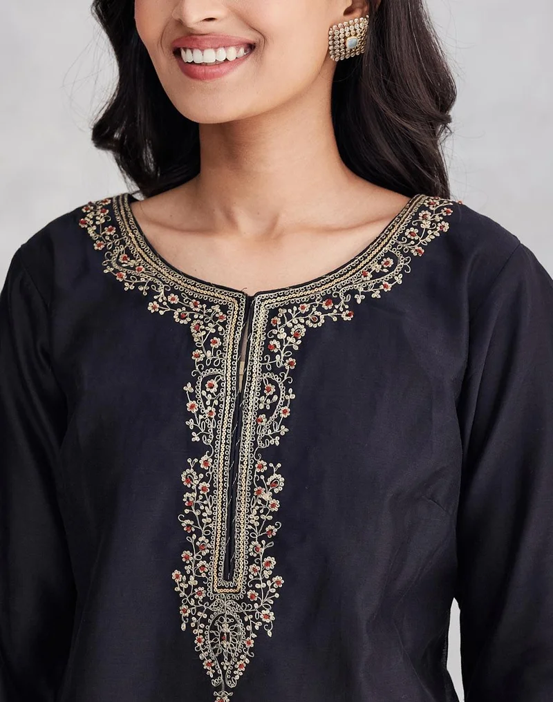 Fabindia  Black Cotton Silk Embroidered Long Kurta for Women | Best Price UAE