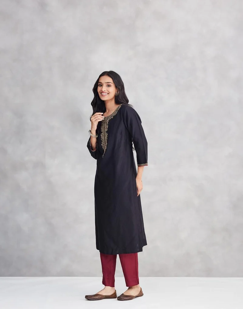 Fabindia  Black Cotton Silk Embroidered Long Kurta for Women | Best Price UAE