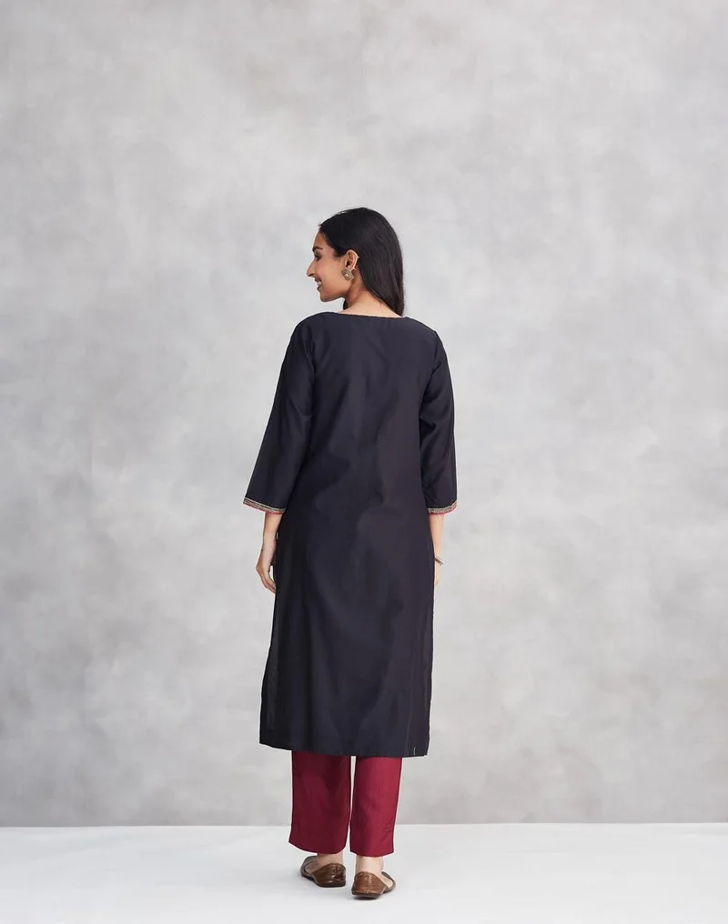 Fabindia  Black Cotton Silk Embroidered Long Kurta for Women | Best Price UAE