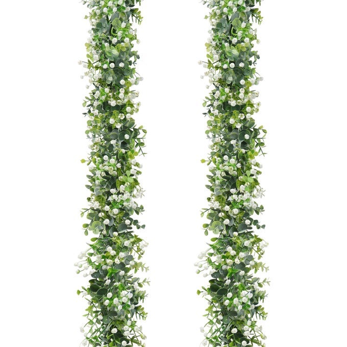 2PCS 12FT ARTIFICIAL EUCALYPTUS GARLAND WITH WHITE FLOWERS FAKE LEAVES GREEN GARLAND ARTIFICIAL FOLIAGE GARLAND GREENERY GARLANDS FOR HOME DECORATION WEDDING BACKDROP TABLE ARCH WALL DECOR
