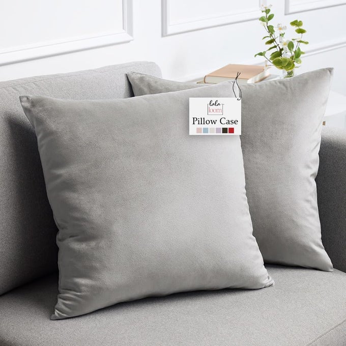 VELVET THROW PILLOW COVERS SET OF 2 24X24 DECORATIVE SQUARE PILLOWS HOME DECOR SOFT ACCENT CASES SILKY MACHINE WASHABLE PILLOWCASES FOR SOFA COUCH BEDROOM LIVING ROOM LIGHT GRAY