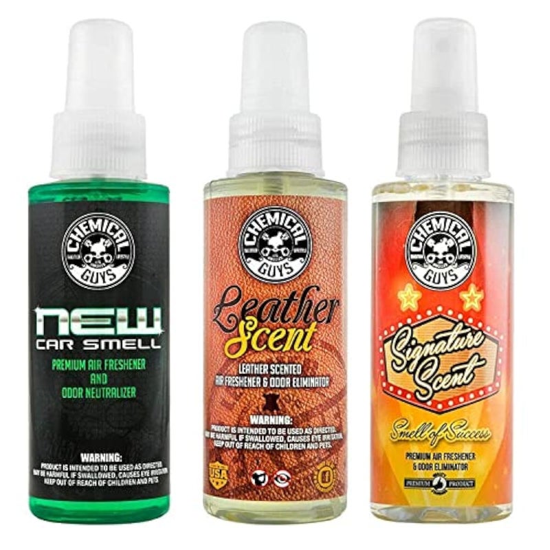 مجموعة عينات روائح السيارات/الجلد/التوقيع من كيميكل غايز AIR_301_04، رائعة للسيارات والشاحنات وسيارات الدفع الرباعي والمركبات الترفيهية والمنزل والمكتب والمزيد (4 أونصة سائلة - 3 عناصر)