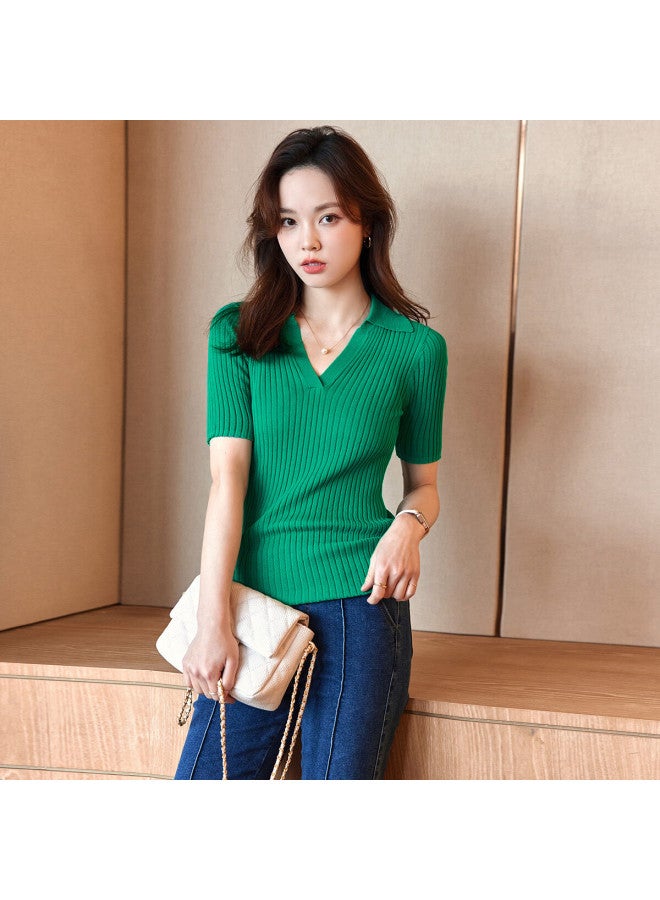 Mt Polo Collar Summer Casual Slim Fit Short Sleeve Women's Top Forest Green S - Image 4