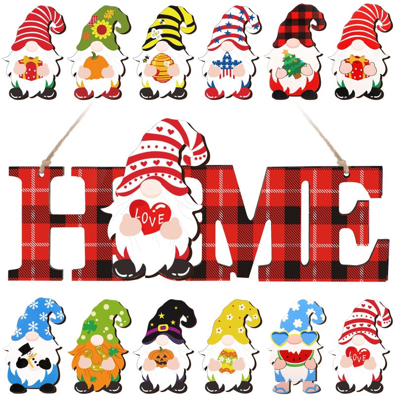 Purpeak Valentine's Day قابلة للتبديل Gnome Home Sign Wood Gnome Sign Decor Decore مع 12 PCS Gnomes for Home Decorations (Red Black) - Image 1