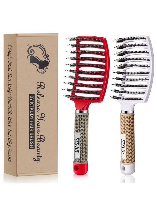 KTKUDY Detangling Brush Boar Bristles Set Ktkudy Hair Brush Curved And Vented Detangler Brush For Women Men Kids Wet And Dry Hair (Red&White) - Image 1