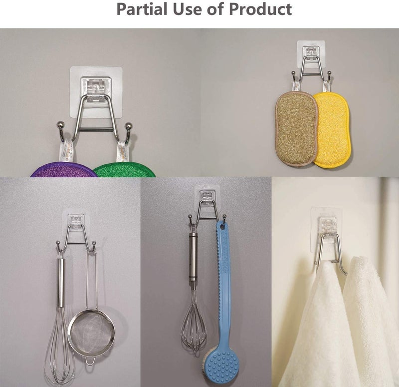 XEREBIAN Stainless Steel Wall Hangers Bath Towel Double Hook Self Adhesive Hooks Stick On Wall Hanging Door Clothes Holder Utility Hanging Hooks Storage Steel Double Hook 4 - Image 5