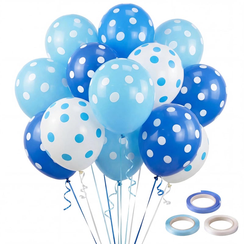 Beurio Blue Balloons for Birthday Party 30 Pack 12 Inch Royal Blue Light and White Polka Dot Latex Kit with Ribbons Baby Shower Decorations Boy Happy Birthday Decor for Men Ocean Theme Supplies - Image 2