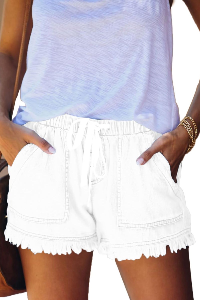 YOCUR Womens Denim Shorts Colored Flowy Fashion Board Elastic Waist Fringe Drawstring Shorts Juniors Lounge Short Jean White L - Image 1