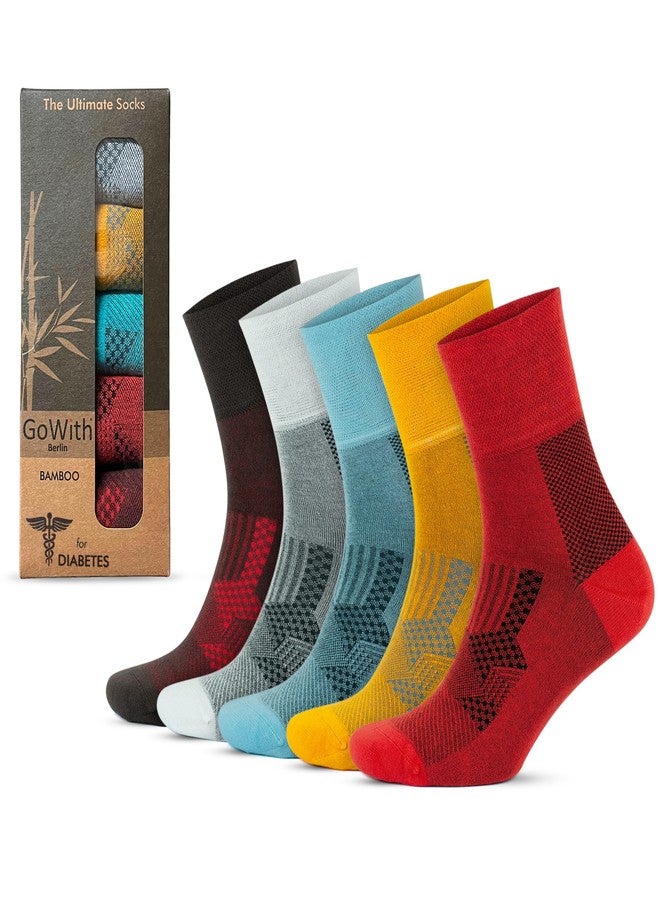 جويث جوارب GoWith لمرضى السكري من الرجال والنساء، جوارب طويلة لمرضى السكري، 5 أزواج مقاس 40-44، أحمر، مصنوعة من رايون الخيزران، جوارب غير ملحومة وغير ضاغطة، مقاس متوسط: 3065 - Image 1