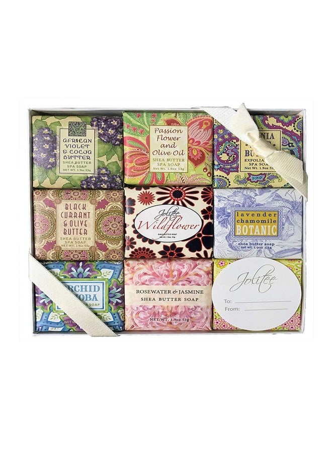 Jolitee French Milled Botanical Soap Sampler Set of Nine in Fabulous Scents, Individually Wrapped Vegetable Based Mini Soaps with Essential Oils, Shea Butter and Natural Extracts (Bulk Favor Set