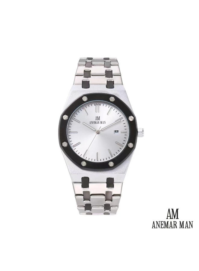 ANEMAR MAN High-quality, water-resistant men's stainless steel wristwatch with a silver and black strap and silver dial.