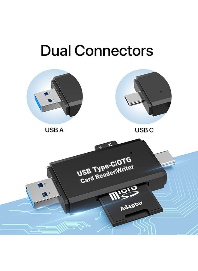 USB 3.0 SD and USB C Flash Memory Card Reader Dual Connector, Camera SD Card Adapter Converter for SDXC SDHC SD MMC TF RS- MMC Micro SDCard and UHS-I Cards Windows Smartphone Computer Laptop (black)