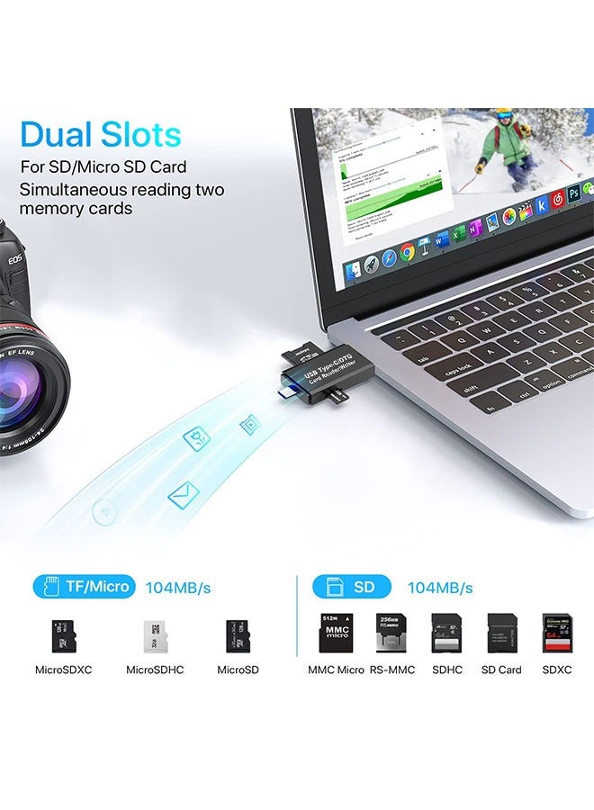 USB 3.0 SD and USB C Flash Memory Card Reader Dual Connector, Camera SD Card Adapter Converter for SDXC SDHC SD MMC TF RS- MMC Micro SDCard and UHS-I Cards Windows Smartphone Computer Laptop (black)