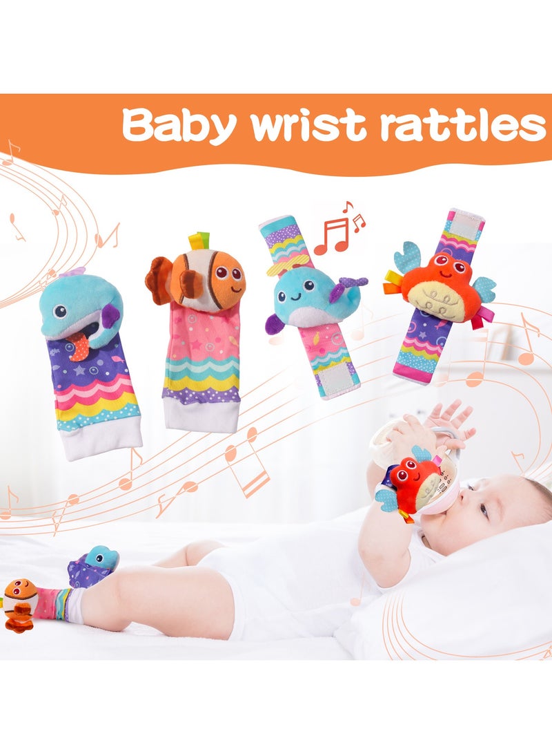 Baby Ocean Theme Wrist Rattles and Foot Socks 4-Piece Set, Soft Animal Wrist Bands u0026 Rattle Socks Toys with Bell, Newborn Gift for Infants - Image 5