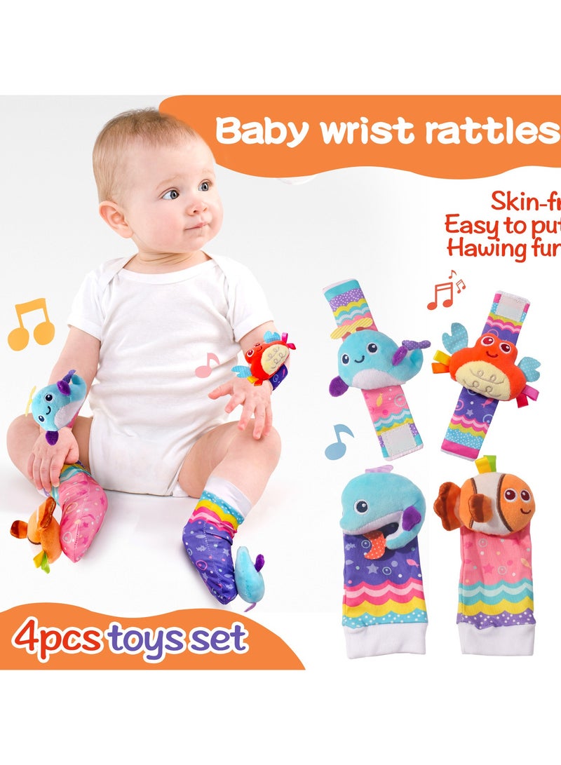 Baby Ocean Theme Wrist Rattles and Foot Socks 4-Piece Set, Soft Animal Wrist Bands u0026 Rattle Socks Toys with Bell, Newborn Gift for Infants - Image 4