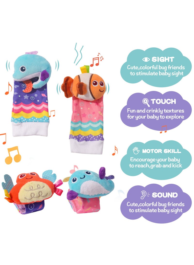 Baby Ocean Theme Wrist Rattles and Foot Socks 4-Piece Set, Soft Animal Wrist Bands u0026 Rattle Socks Toys with Bell, Newborn Gift for Infants - Image 2