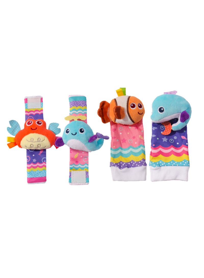 Baby Ocean Theme Wrist Rattles and Foot Socks 4-Piece Set, Soft Animal Wrist Bands u0026 Rattle Socks Toys with Bell, Newborn Gift for Infants - Image 1