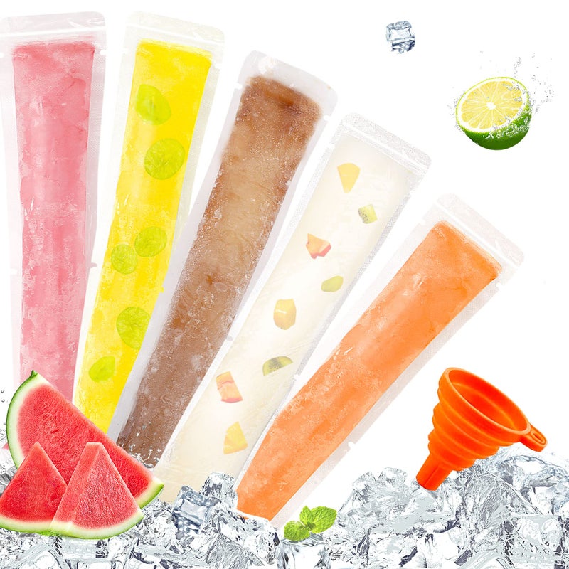 أكياس مثلجات قابلة للاستخدام لمرة واحدة من FEBSNOW 120 خالية من BPA أنابيب الفريزر مع سحابات للوجبات الخفيفة وعصائر الزبادي وعصائر الفواكه والسموذي وثلج الحلوى تأتي مع قمع 75 بوصة × 2 بوصة