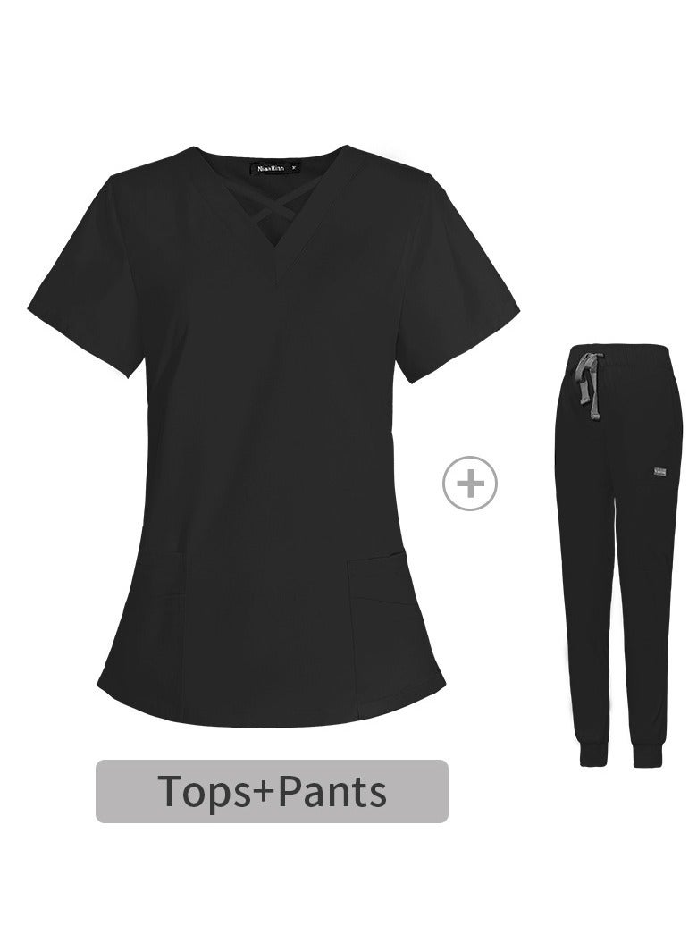Loquat Fashion Medical Uniform Scrubs 2 Piece Set Stand Collar Top and Jogger Pants Suit Black 