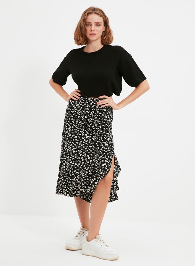 trendyol Black Printed High Waist Midi Stretchy Knitted Skirt with Gather Detail and Flounce TWOSS21ET0029 - Image 3