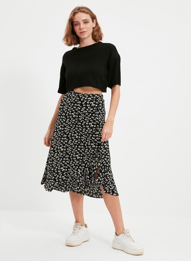 trendyol Black Printed High Waist Midi Stretchy Knitted Skirt with Gather Detail and Flounce TWOSS21ET0029 - Image 1