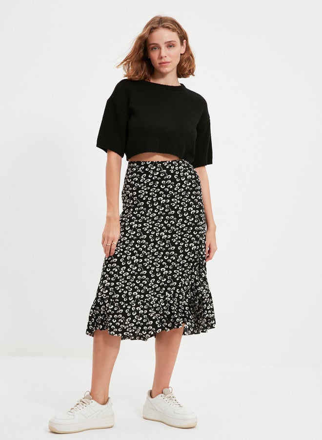trendyol Black Printed High Waist Midi Stretchy Knitted Skirt with Gather Detail and Flounce TWOSS21ET0029 - Image 2