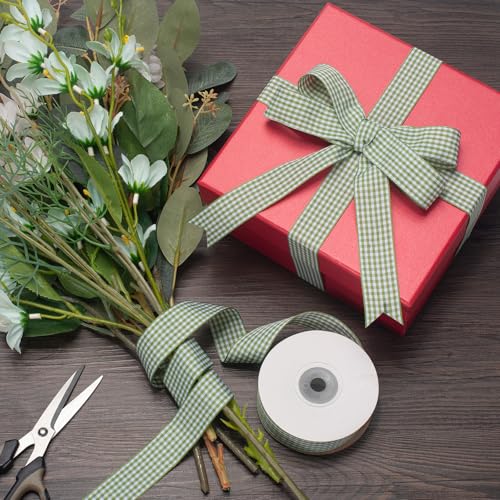 GHGMAO Moss Green and White Gingham Ribbon, Taffeta Plaid Ribbon 1 Inch x 25 Yards, Green Checkered Ribbons for Gift Wrapping, Picnic, DIY Crafts, Wreath, Wedding, Home Decor - Image 2