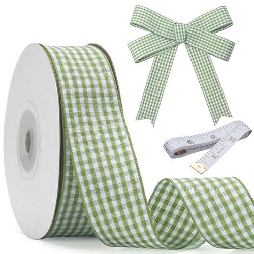 GHGMAO Moss Green and White Gingham Ribbon, Taffeta Plaid Ribbon 1 Inch x 25 Yards, Green Checkered Ribbons for Gift Wrapping, Picnic, DIY Crafts, Wreath, Wedding, Home Decor - Image 1