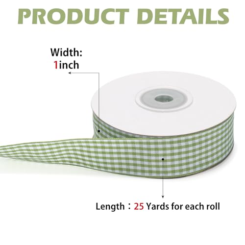GHGMAO Moss Green and White Gingham Ribbon, Taffeta Plaid Ribbon 1 Inch x 25 Yards, Green Checkered Ribbons for Gift Wrapping, Picnic, DIY Crafts, Wreath, Wedding, Home Decor - Image 3